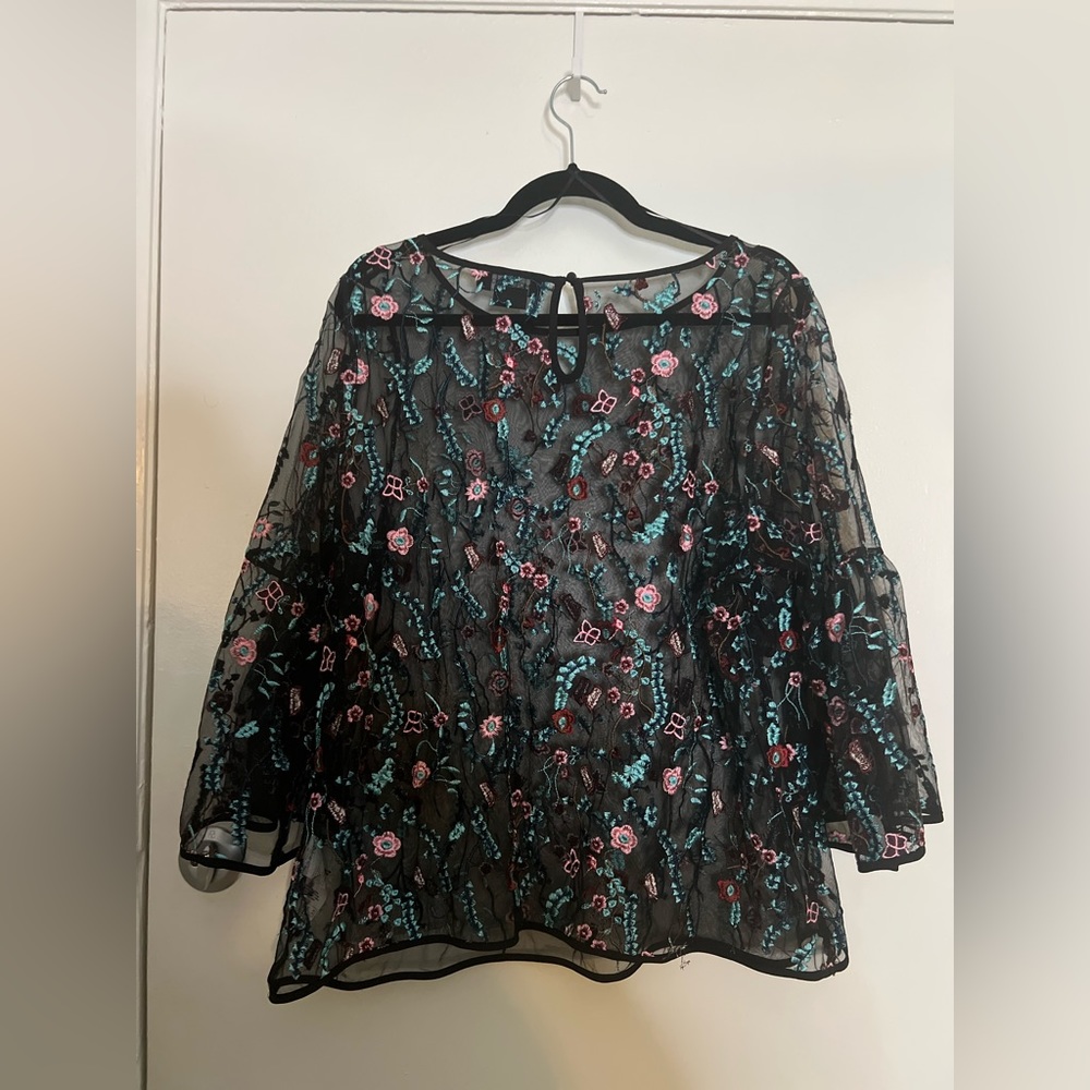 Michel Studio Black Mesh Sheer Top Colorful Flowe… - image 5